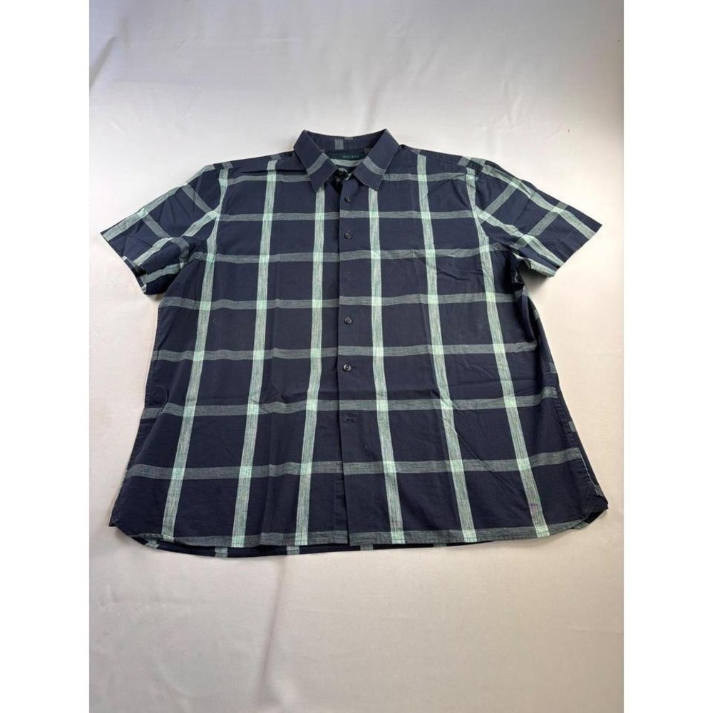 Perry‎ Ellis Mens Preppy Plaid Short Sleeve Button Up Blue Green Shirt SZ XL